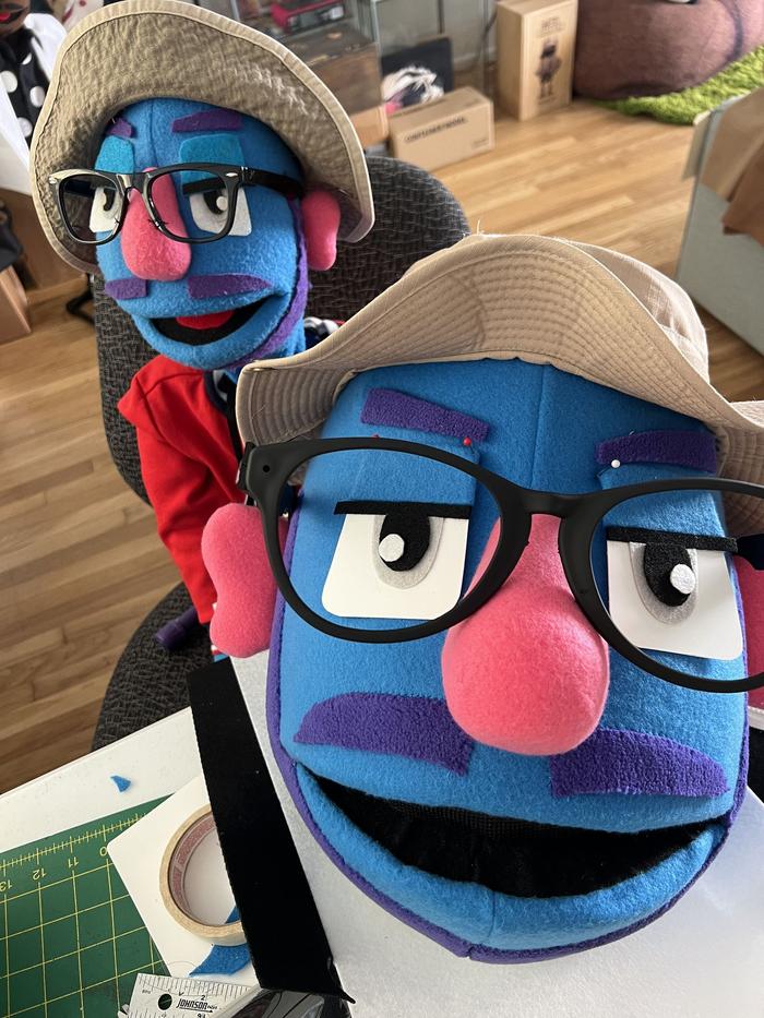 Puppet build in progress, fitting glasses to the character head