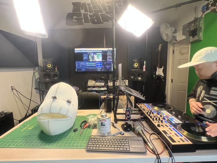 Puppet head build in the studio with Silent John DJing in the background