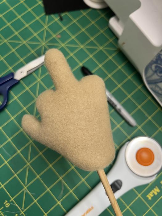 Puppet hand piece in progress on the workbench